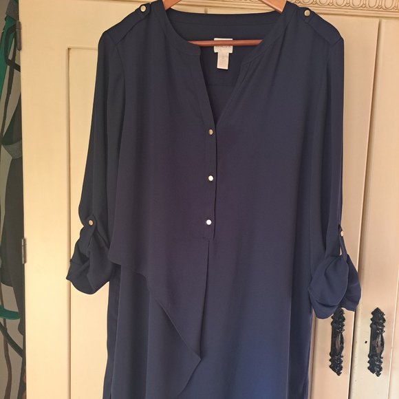 Chico's women's Navy blue lagen style top with gold buttons Sz Large Chicos Sz 2 - Picture 1 of 6